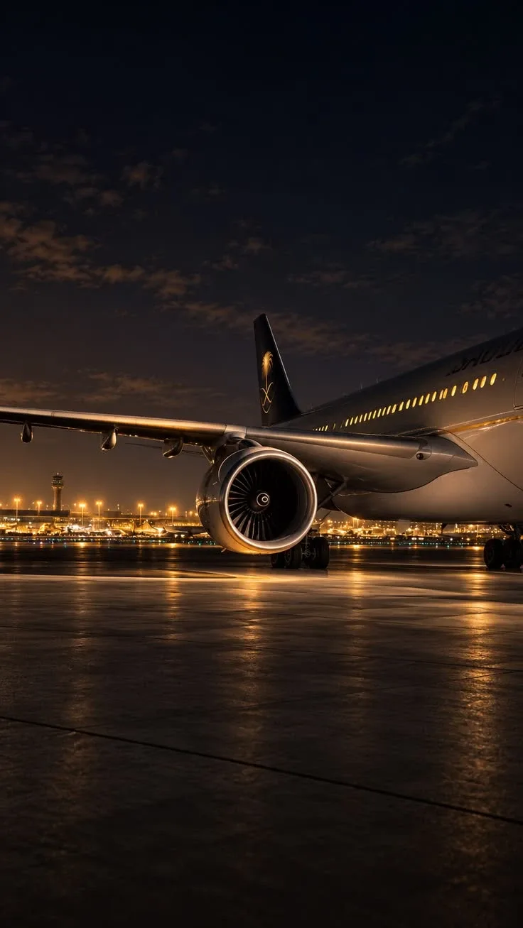 Airliner wing at night