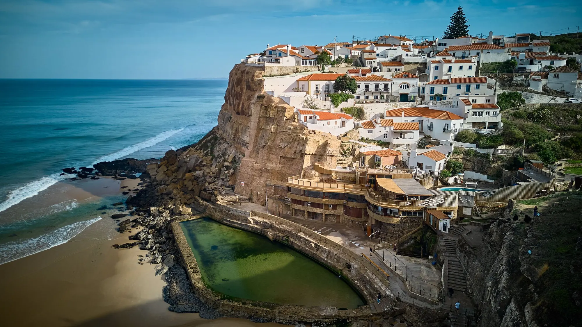 Aerial view of the cliffs and coastal town of Cascais in Portugal