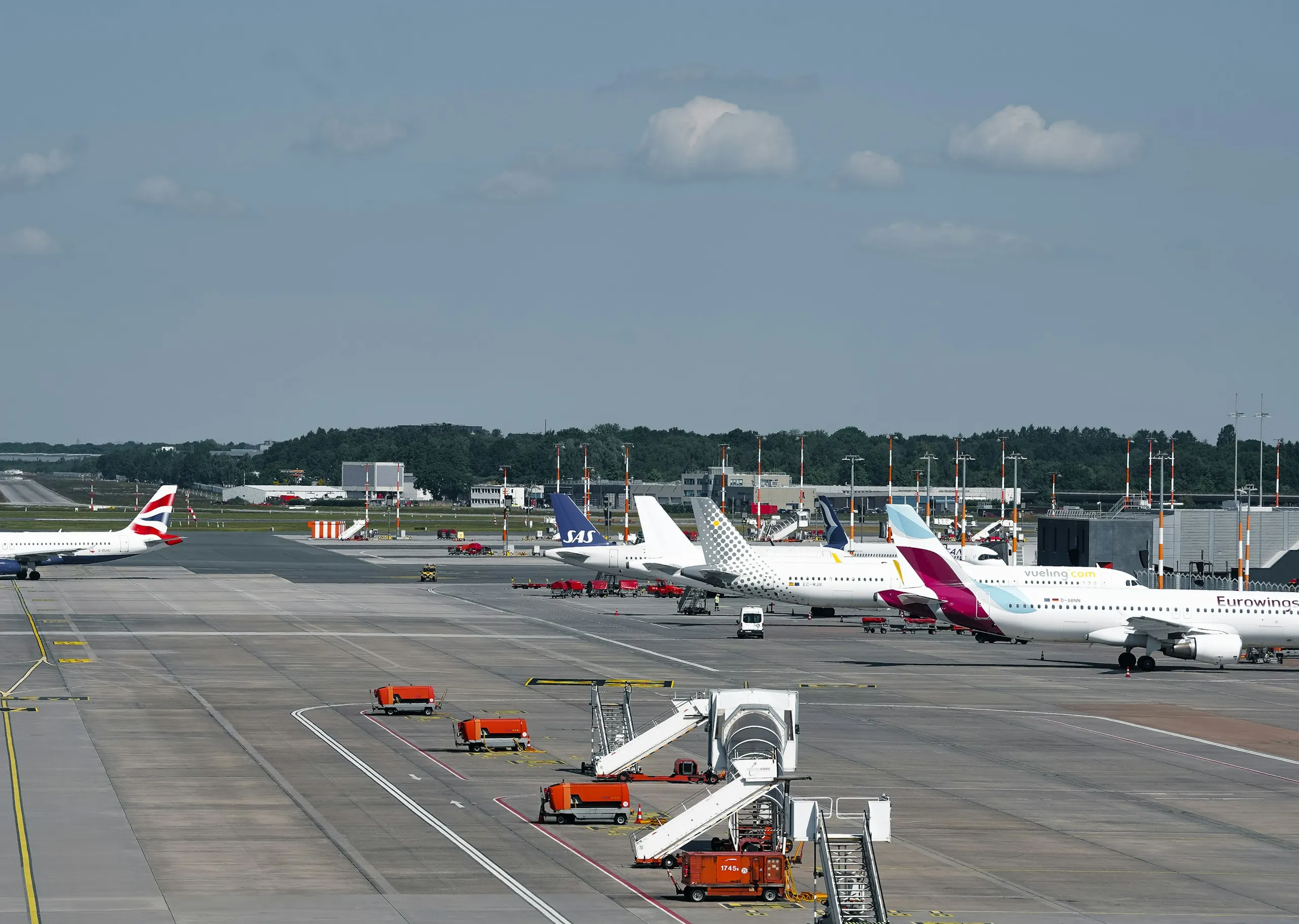 Airliners parked at airport gates